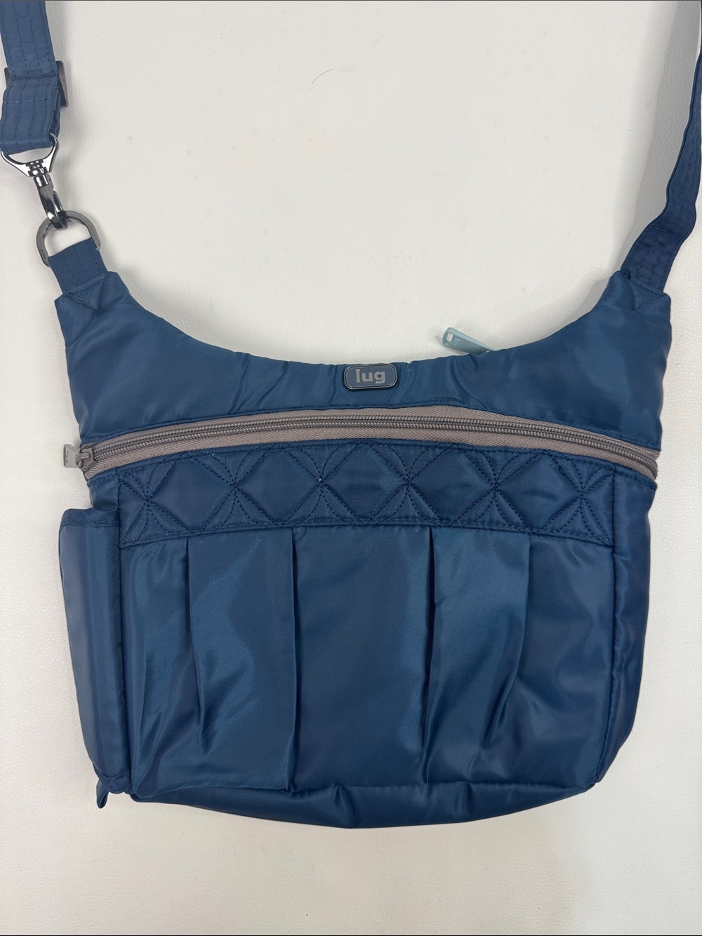 lug Swing Quilted Crossbody Bag in Deep Teal Blue Gray Trim Pockets NEW